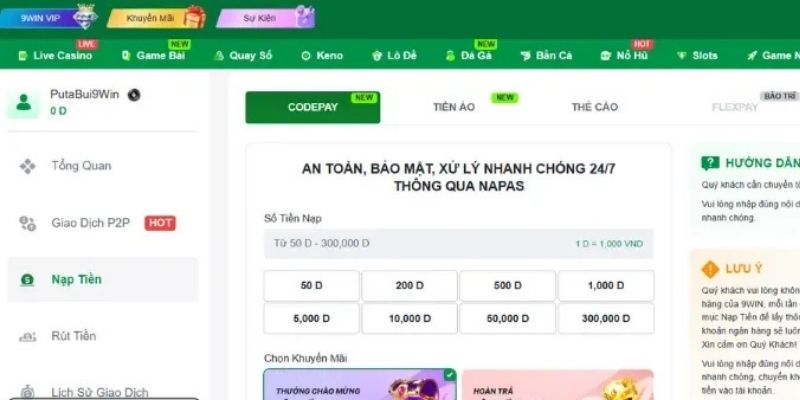 Hướng dẫn nạp tiền tại 9WIN chi tiết cho tân thủ tham gia